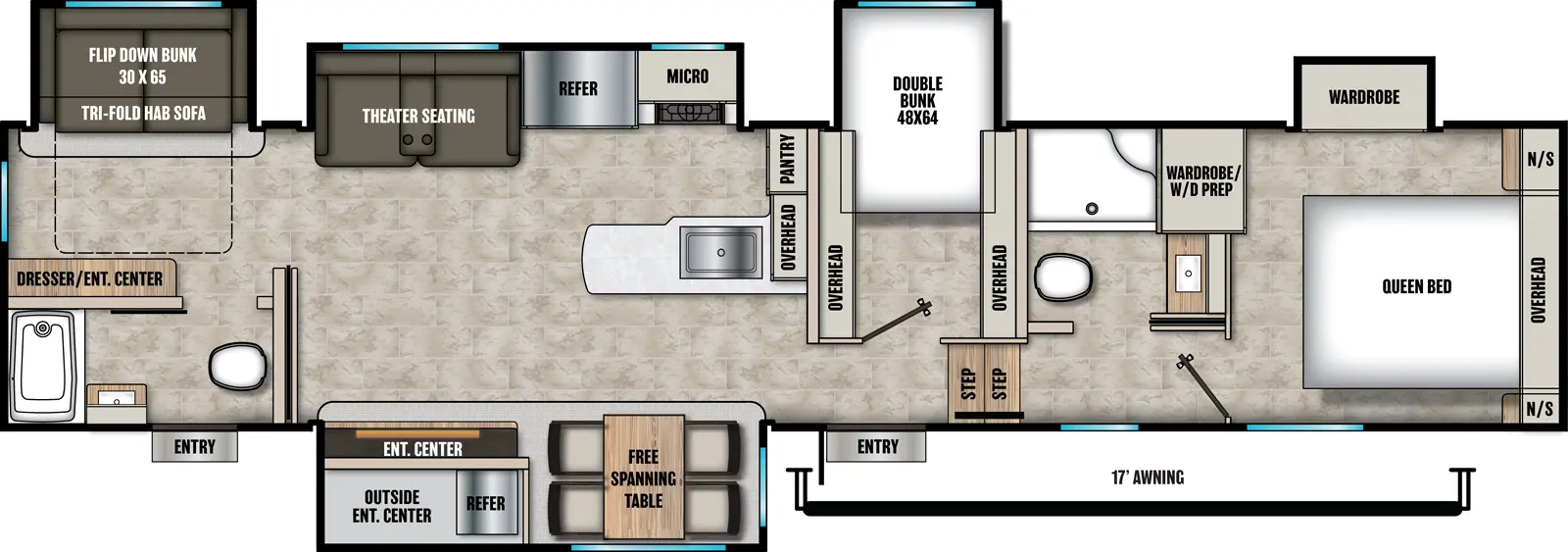 The Chaparral 373MBRB floorplan has two entries and five slide outs. Exterior features include: fiberglass exterior, 17' awning,  outside entertainment and outside kitchen. Interiors features include: bunk beds, free-standing dinette option, front bedroom and two full bathrooms.